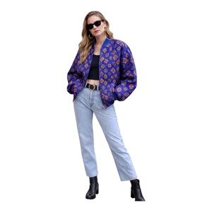 Jacqueline Ferrar Vintage Blue Quilted Bomber Jacket OS 1980s Baroque Statement